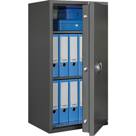 Een open grijze stalen kast met blauwe ordnerinhoud. Eén deur staat open, het cijferslot is zichtbaar.