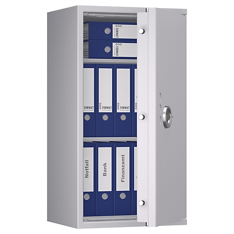 Grijze kluis, half open, met blauwe ordners. Labels: Noodgeval, Bank, Belastingdienst. Kluis en mappen in focus.