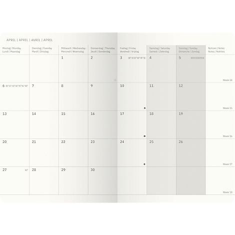 Maandelijkse kalender voor april. Lichtgrijs open boek met data en wekelijks overzicht. Sommige dagen zijn gemarkeerd.