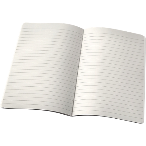 Opengeklapt, gelijnd notitieboek. De pagina's zijn blanco, bedrukt met horizontale grijze lijnen.