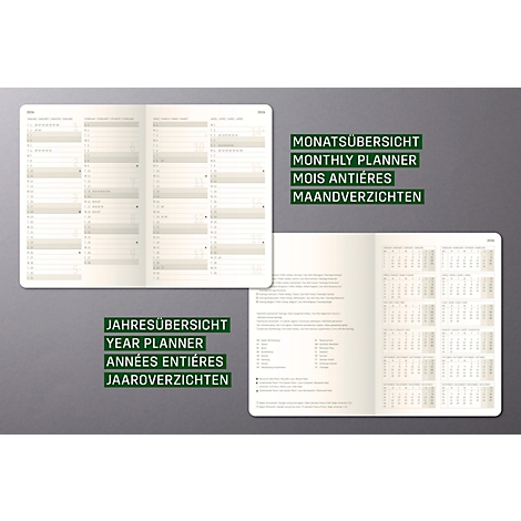 Een open notitieboekplanner toont maand- en jaaroverzichten.
