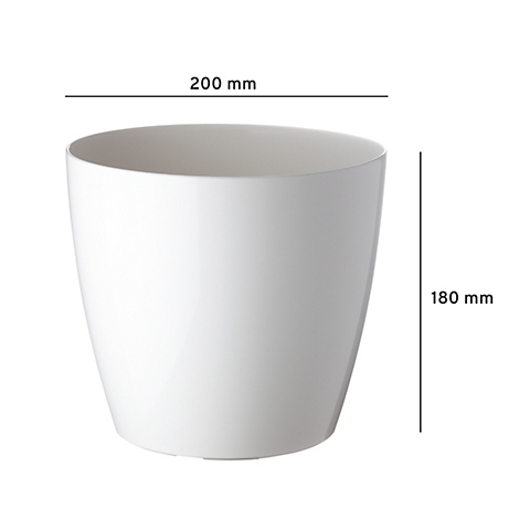 Maceta blanca, con dimensiones: 200 mm de diámetro, 180 mm de altura.