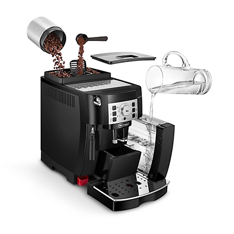 Une machine à expresso noire avec des entrées de café et d'eau représentées.