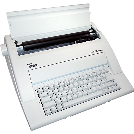 Machine à écrire blanche avec bac à papier ouvert. Le clavier et le logo Twen sont visibles.