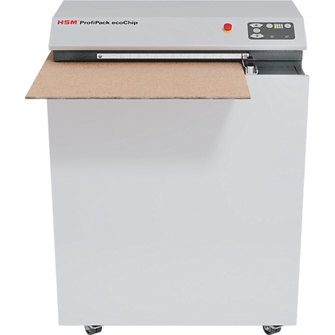 Un destructeur de carton gris HSM ProfiPack ecoChip avec un morceau de carton ondulé inséré, sur fond blanc.