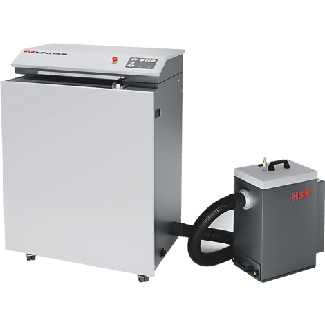 Grand broyeur de carton gris HSM avec système d'extraction attaché sur fond blanc.