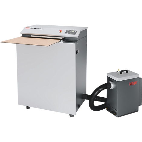 Déchiqueteuse de carton HSM ProfiPack avec unité d'aspiration sur fond blanc.