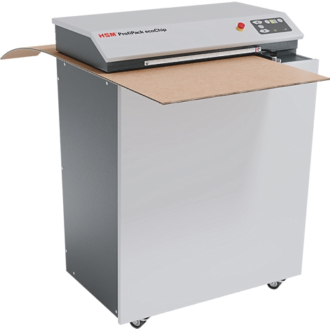 Un destructeur de carton gris HSM ProfiPack ecoChip sur roulettes, sur un fond blanc.