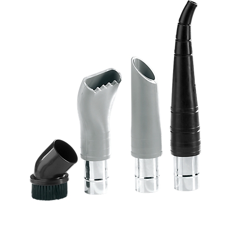 Various attachments for a vacuum cleaner, gray and black, against a white background.