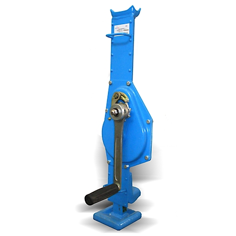 Blue car jack with silver crank. The car jack stands upright against a white background.