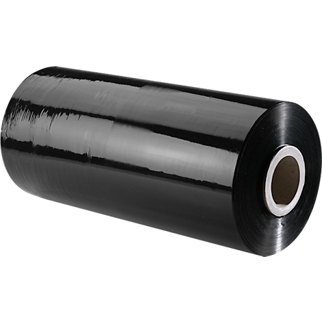 Black, shiny stretch film roll with a white core.
