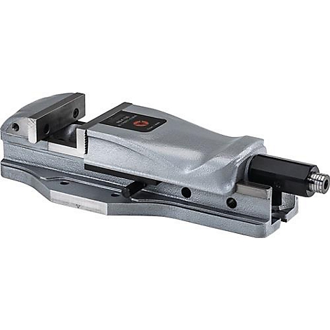 Grijze bankschroef, gedetailleerd weergegeven, voor het bevestigen van werkstukken.