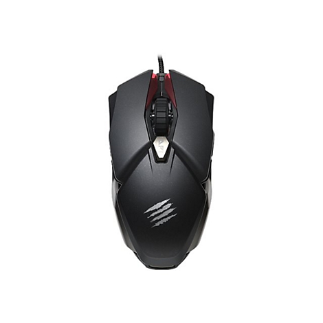 Schwarze Gaming-Maus mit roter Akzentbeleuchtung und weiÃŸem Logo. Die Maus wird vor weiÃŸem Hintergrund gezeigt.