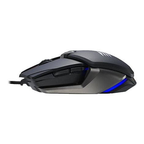 Eine seitliche Nahaufnahme einer Gaming-Maus in Grau und Schwarz mit blauem LED-Licht.