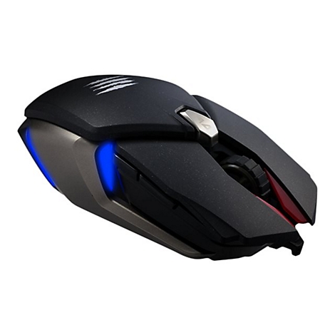 Schwarze Gaming-Maus mit blauen Leuchtelementen. Auf der Oberseite sind Kratzer zu sehen.