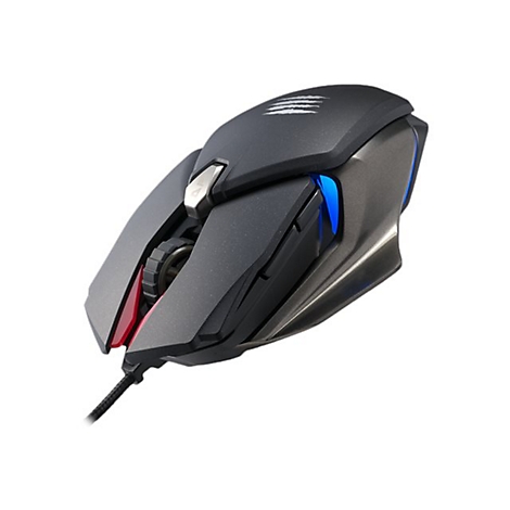 Schwarze Gaming-Maus mit roten und blauen Akzenten und Kabelanschluss auf weiÃŸem Hintergrund.