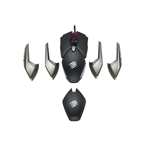 Schwarze Gaming-Maus mit abnehmbaren Seitenteilen, auf weiÃŸem Hintergrund.