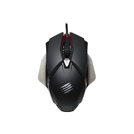 Schwarze Gaming-Maus mit roten Akzenten, Kabel und Markenlogo.