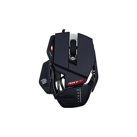 Schwarze Gaming-Maus mit roten LED-Details. Aufschrift: RAT 4+.