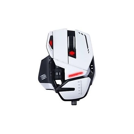 Weisse Gaming-Maus mit roten LEDs. Auf dem Gehäuse sind die Schriftzüge R.A.T. und andere Details zu erkennen.
