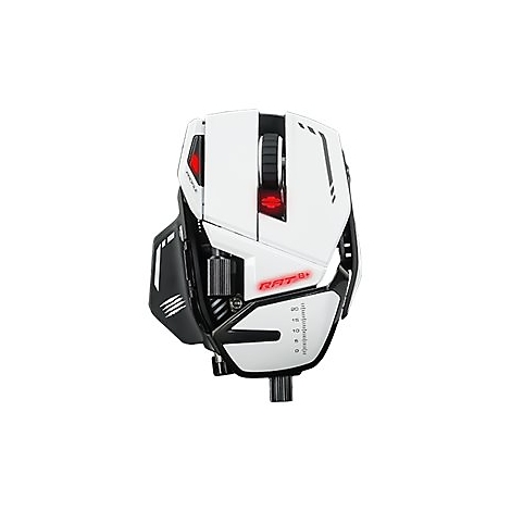 Weisse Gaming-Maus RAT 8+, Details in Schwarz, rote Akzente, Logo. Einstellbare Elemente, mit schwarzem Anschluss.