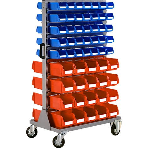 Un rayonnage métallique roulant avec des bacs en plastique bleus et rouges, prêt pour le stockage.