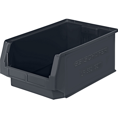 Donkergrijze plastic box met schuine voorkant, opschrift op de zijkant.