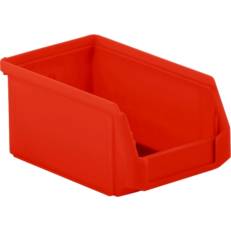 Rode plastic opbergdoos. Open kant, licht schuin. Ondiepe diepte.