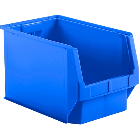 Blauwe plastic bak met schuine voorkant en handgreep.