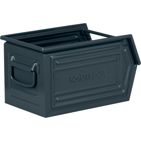 Donkergrijze metalen opbergbox met handvat. De tekst "SCHÄFERSHOP" is zichtbaar.