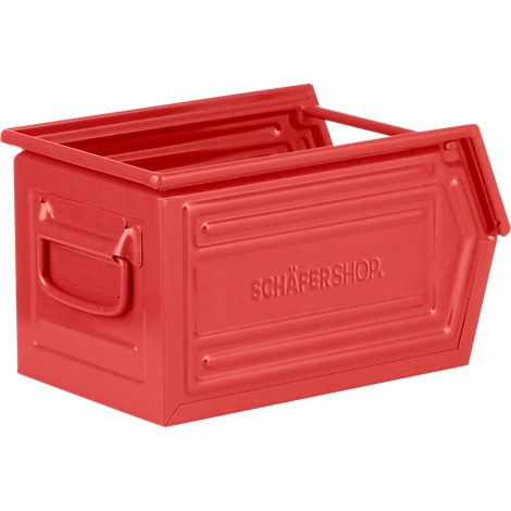Rode metalen doos met handvat en opschrift: Schäfershop.