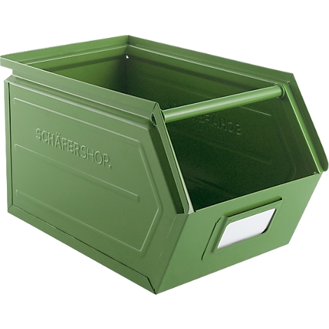 Groene metalen doos met handvat en wit label. Tekst "SCHÄFERSHOP".