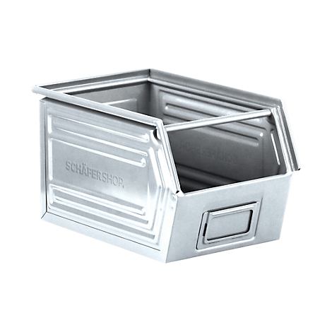 Zilveren metalen bak met handvat en labelhouder, beschreven met "SCHÄFERSHOP".