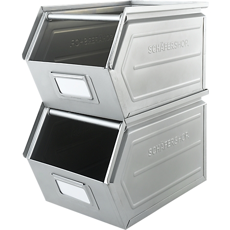 Twee stapelbare metalen dozen met de tekst "SCHÄFERSHOP". Elke doos heeft een open bovenkant en een handvat.