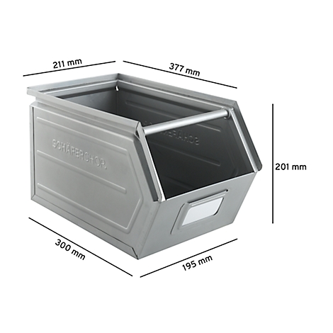 Grijze metalen doos met handvat en maat specificaties.