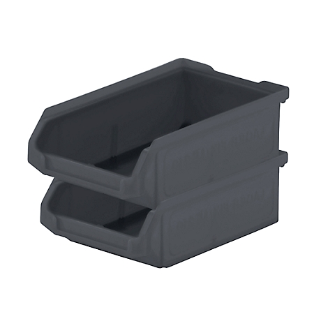Twee grijze plastic bakken bovenop elkaar gestapeld. Ze zijn open en hebben een schuine voorkant.