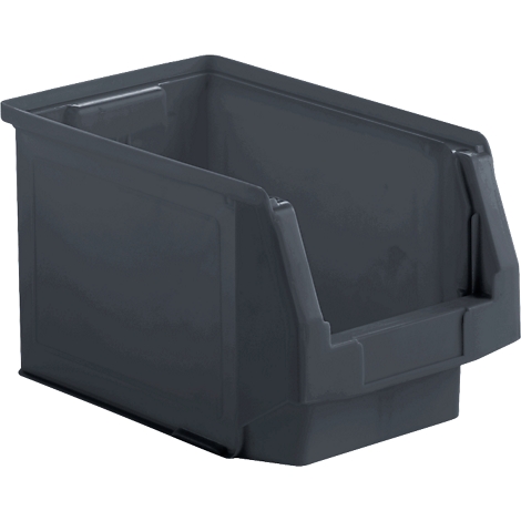 Grijze plastic box met handvat, schuin gefotografeerd.