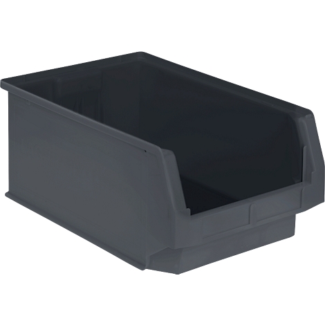 Donkergrijze plastic opbergbak, schuin van bovenaf gefotografeerd. Open bak voor opslag of organisatie.