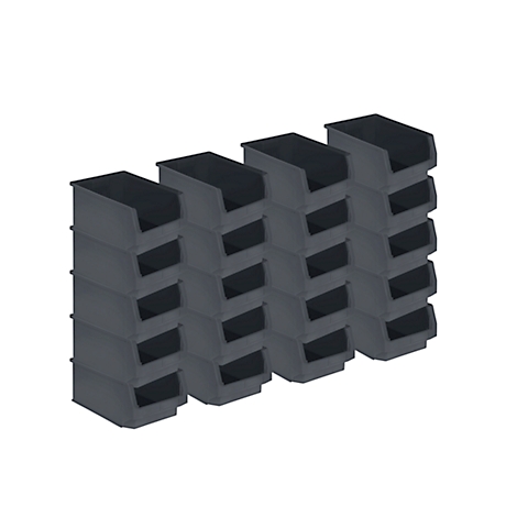 Meerdere grijze opbergbakken zijn opgestapeld om de boel overzichtelijk te houden.