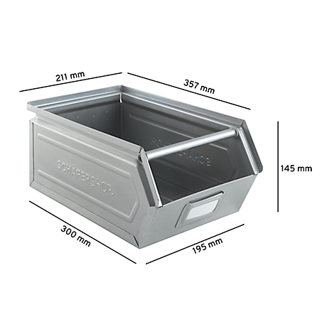 Grijze metalen box met handvat en afmetingen: 357x211x145 mm, 300x195 mm. Tekst: Schäfer+hör.