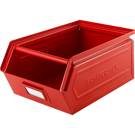 Magazijnbak - staal - met open voorzijde en draagbeugel - L 357 x B 211 x H 145 mm - 8,5 l - draagvermogen - 60 kg - RAL 3000 vuurrood - ons merk Schäfer Shop Select