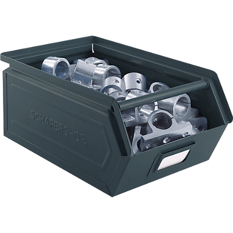 Donkergroene metalen bak met zilverkleurige metalen onderdelen. Opschrift: SCHAFERSHOP.