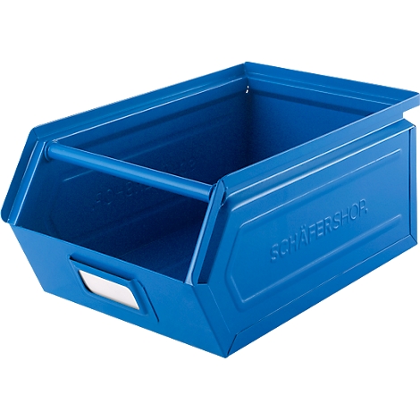 Blauwe metalen doos met handvat en de tekst SCHÄFERSHOP.