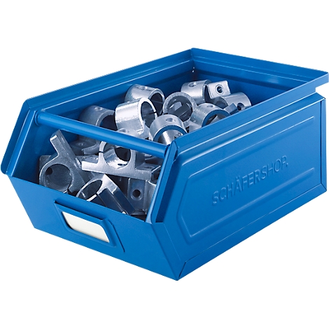 Blauwe gereedschapskist met metalen onderdelen. Opschrift: SCHÄFERSHOP.