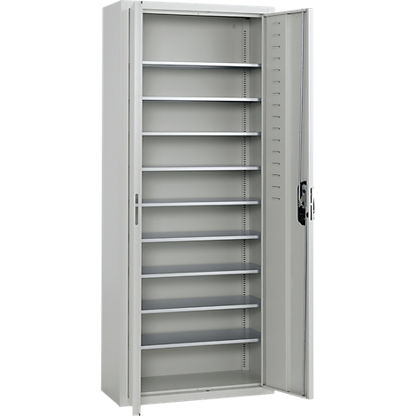 Magazijnkast, 1690 mm hoog, 14 legborden, 90 bakken, met deuren, lichtgrijs
