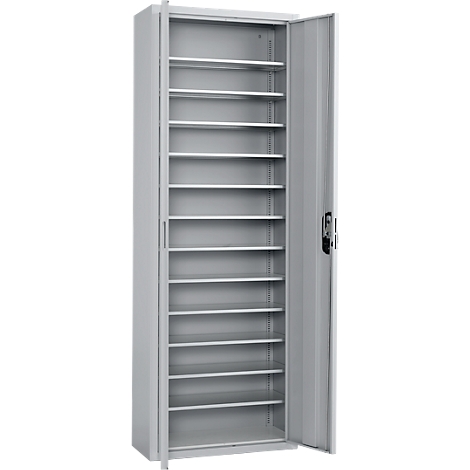 Grijze stalen kast met open deur, veel planken.