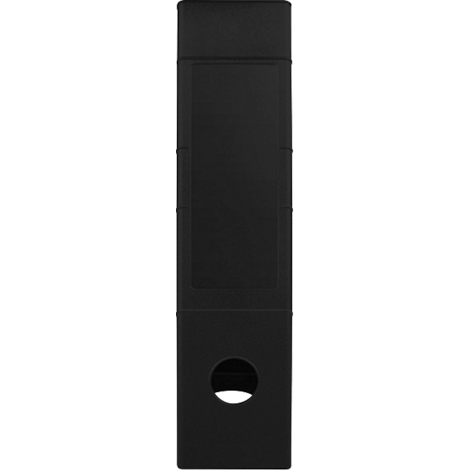 A black, rectangular object with an oval cutout.