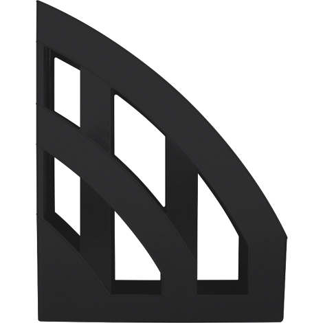 Black, semi-circular magazine rack with a geometric design. Its shape is made up of curved and straight lines forming open compartments.