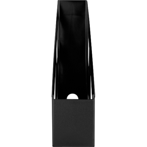 Black waste paper basket, tall and narrow, with a circular recess.