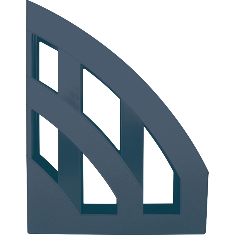 Blue, angular magazine rack with three compartments and geometric cutouts.